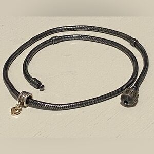 PANDORA 16” Snake Oxidized Necklace + 925 ALE 14k Gold Heart + 3 Charms